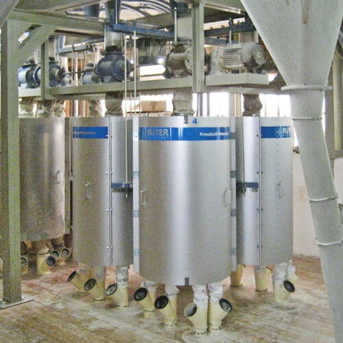 Handgefertigte, sternförmige Siebreiniger-Prototypen wurden 1987 im ersten, bis heute eingesetzten Kreuzjoch-Plansichter in der Eickernmühle in Lemgo-Vossheide erprobt. Dieser Sichter ist links im Bild zu sehen